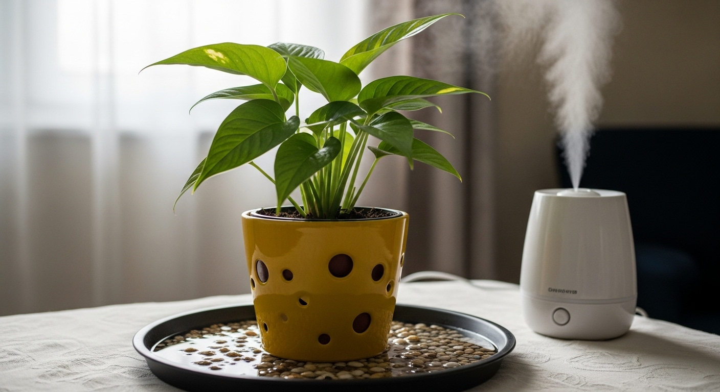 Indoor plant on a tray of wet pebbles next to a small humidifier to maintain proper humidity levels for Monstera.
