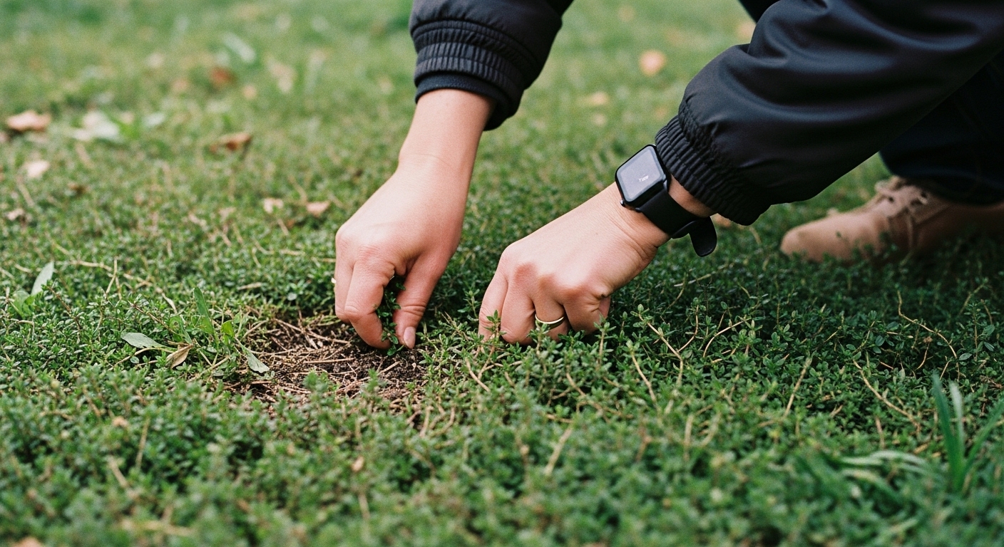 A gardener removing weeds around creeping thyme plants to support healthy spreading