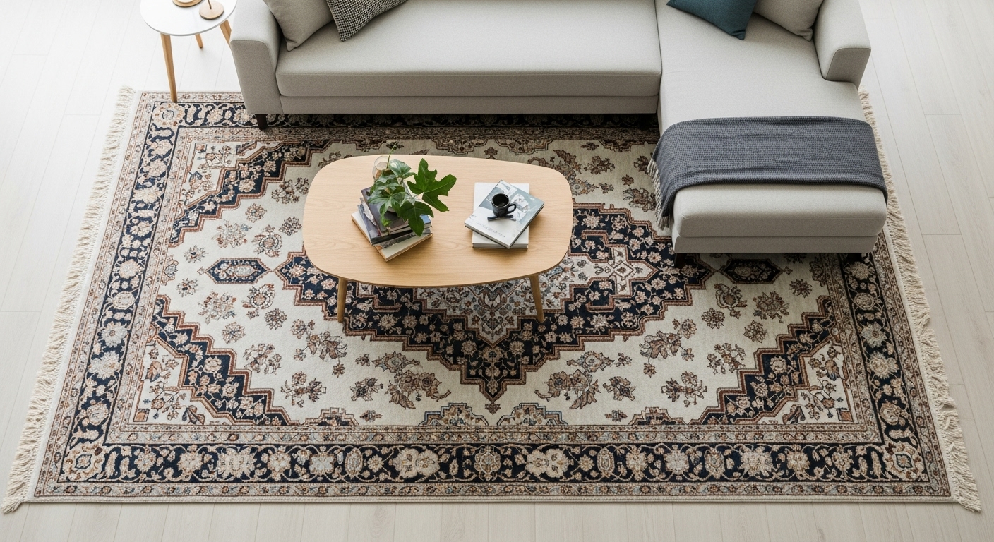 Interior design shot of a rug properly aligned with sofa and coffee table in a living room to show ideal furniture layout and rug size.