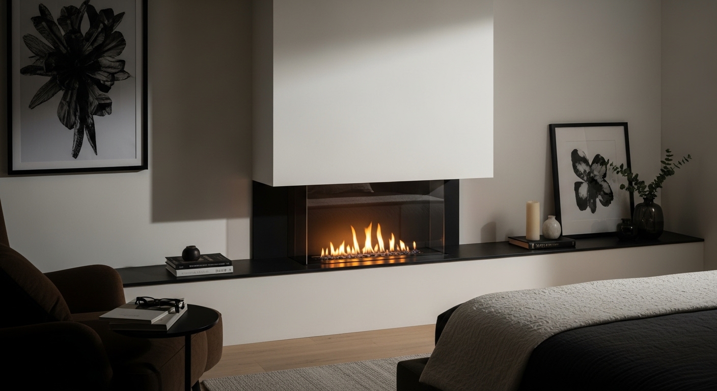 Sleek bedroom interior with a thin, built-in fireplace that adds warmth and elegance to the space.