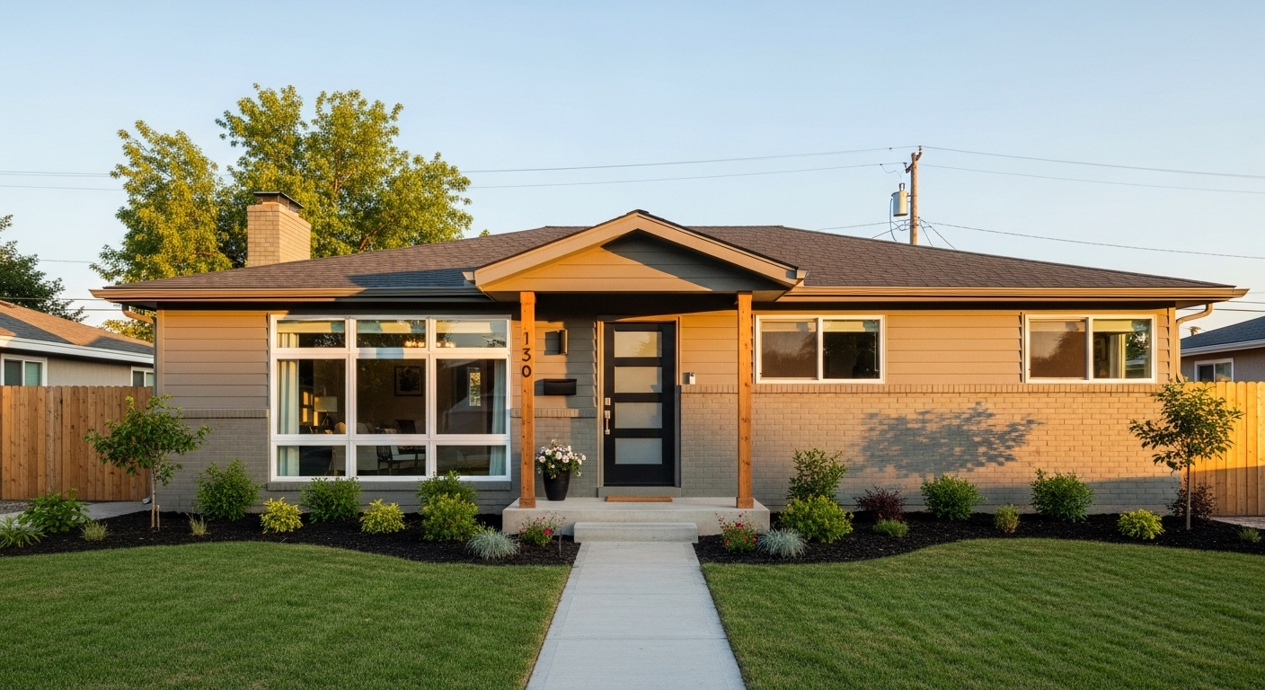 Updated ranch-style house with new windows, chic front door, roofed entry, and stylish landscaping