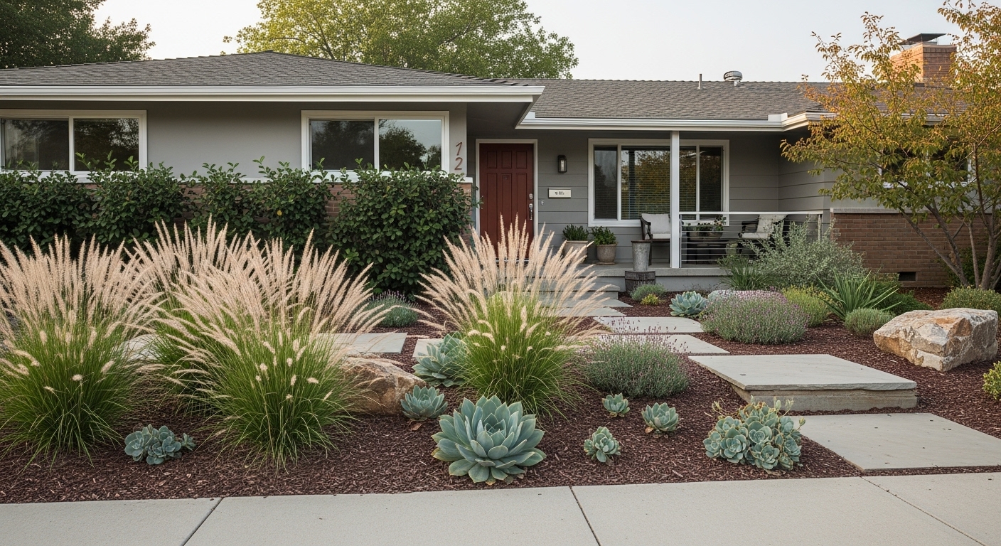 Lush, low-maintenance landscaping with ornamental grasses and native plants in front of a ranch home