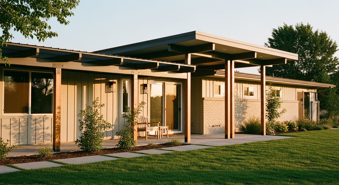 Front view of a ranch-style home featuring an overhanging roof and pergola adding modern architectural interest