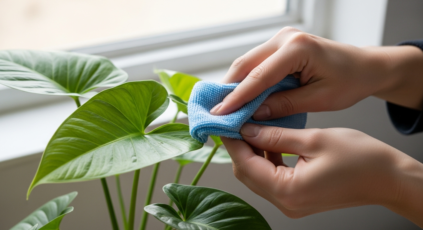 Person gently wiping Arrowhead plant leaves with a wet cloth for healthy foliage