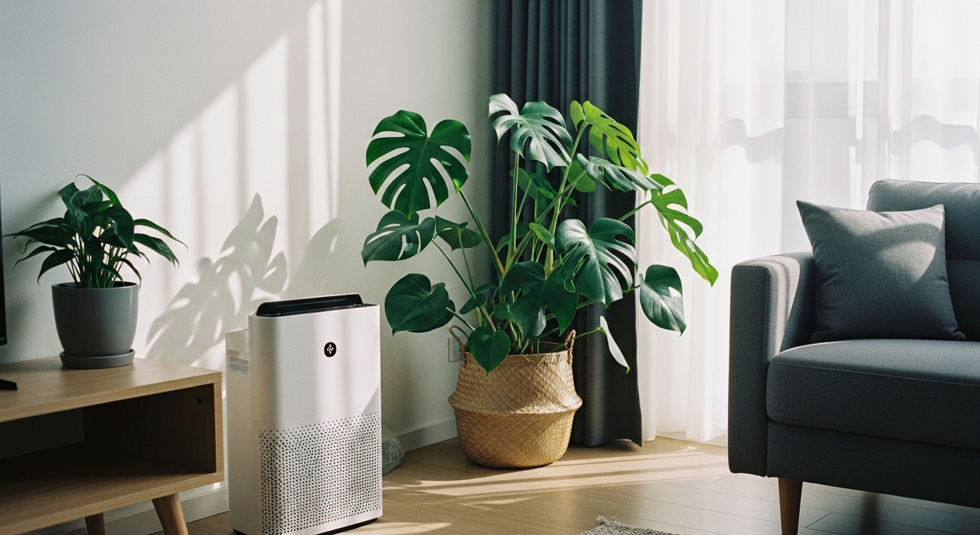 A lush Swiss cheese plant placed in a modern indoor space, showcasing its air-purifying properties and contributing to clean, fresh air in a stylish home environment
