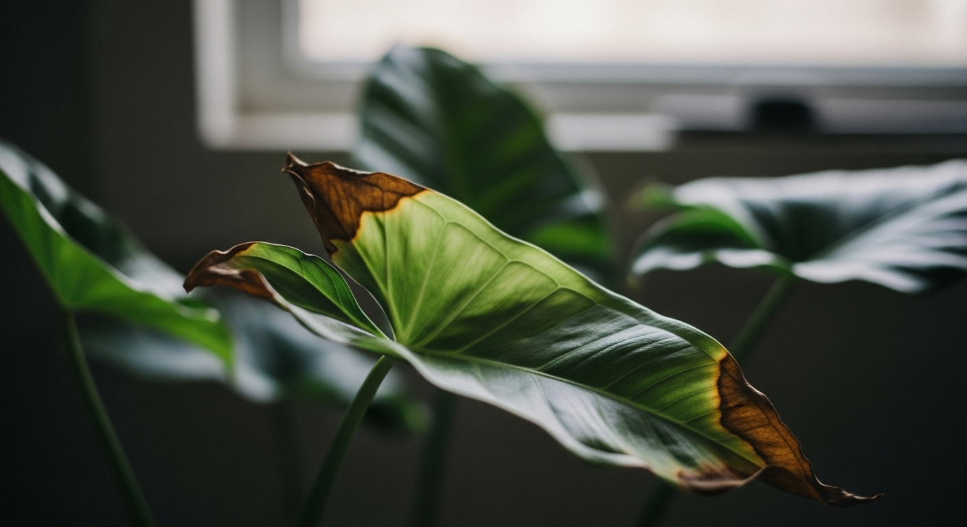 Arrowhead plant leaves showing brown crispy tips caused by low humidity or overfertilization