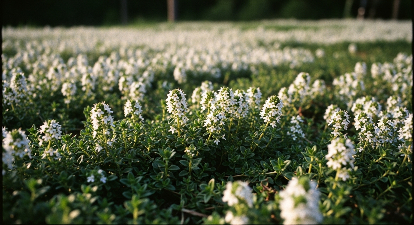 White creeping thyme forming a snowy floral carpet, with pure white blossoms contrasting against dark green thyme foliage