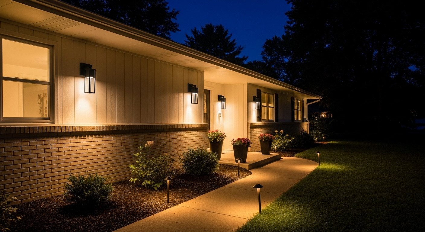 Nighttime exterior of a ranch house with modern wall sconces and pathway lighting