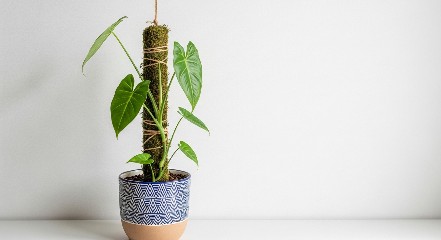 Arrowhead plant growing upwards on a moss pole for vertical display indoors