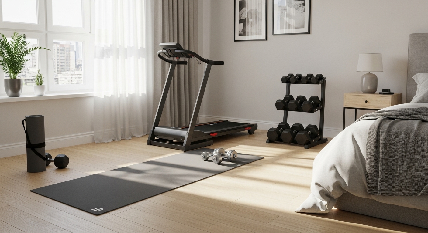 A bedroom corner transformed into a workout space with a yoga mat, dumbbells, and a small treadmill.