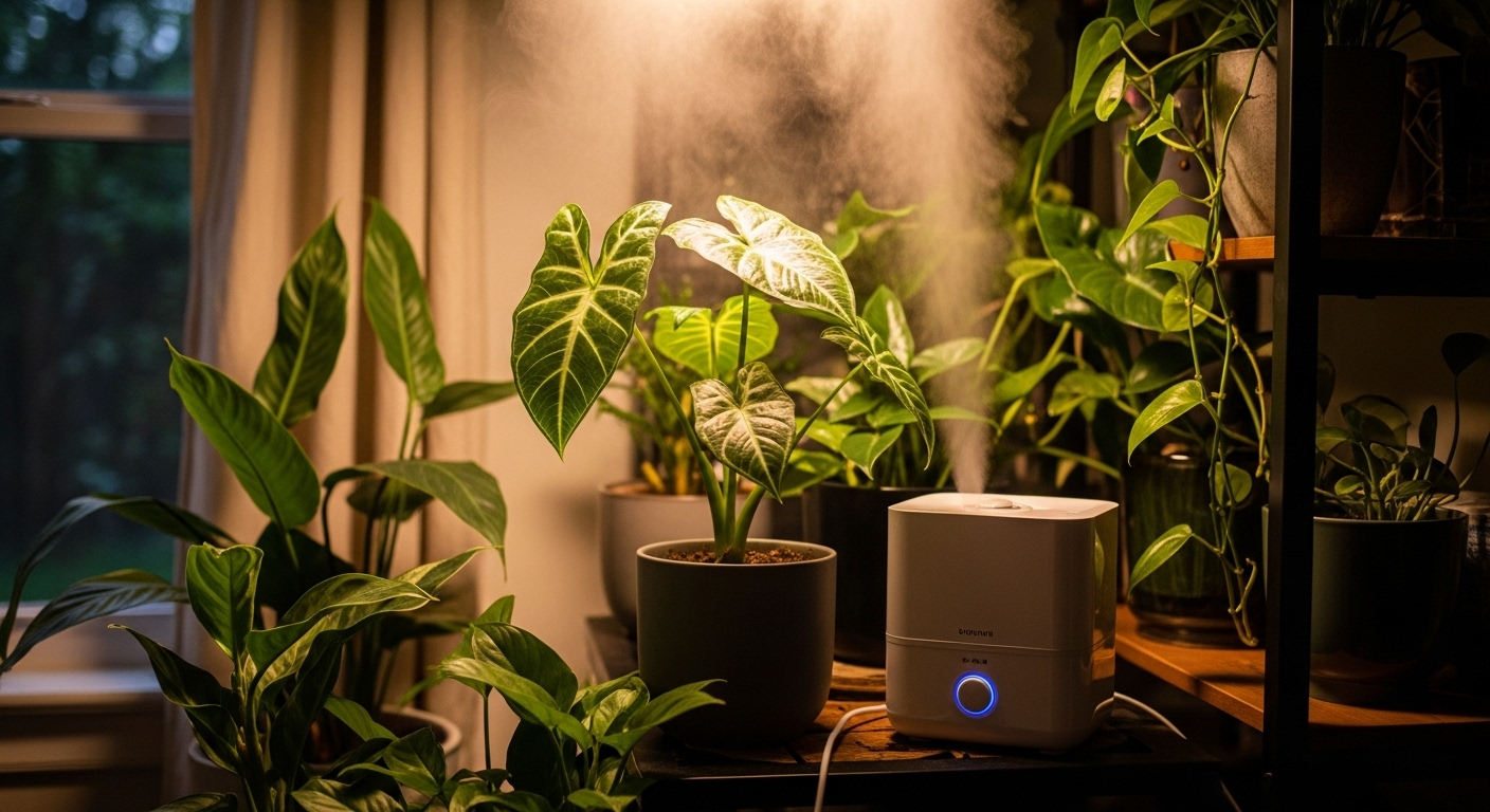 Arrowhead plant surrounded by a humidifier and grouped with other plants to increase humidity