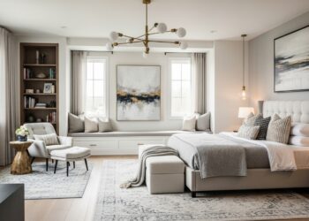 Spacious modern master bedroom with elegant decor zones, featuring a cozy seating area, a statement bed with textured linens, warm lighting, and layered rugs—perfect inspiration for large bedroom ideas.