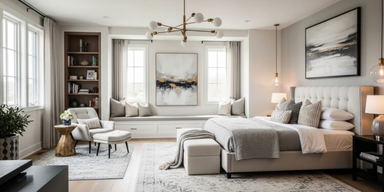 Spacious modern master bedroom with elegant decor zones, featuring a cozy seating area, a statement bed with textured linens, warm lighting, and layered rugs—perfect inspiration for large bedroom ideas.
