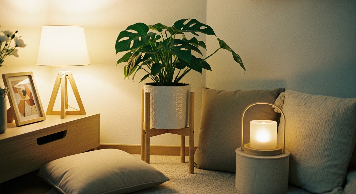 Swiss cheese plant in a cozy reading corner with soft pillows, natural lighting, and warm tones, symbolizing the stress-reducing and calming effects of indoor plants