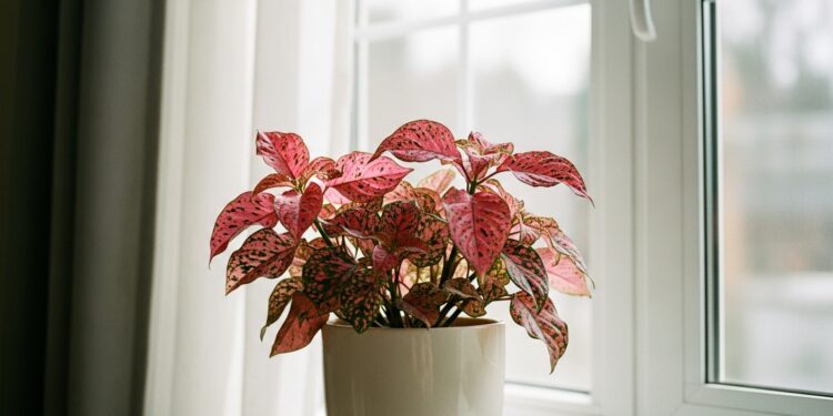 Beautiful polka dot plant with pink-spotted leaves in a cozy indoor setting near a window, perfect example of healthy hypoestes care.