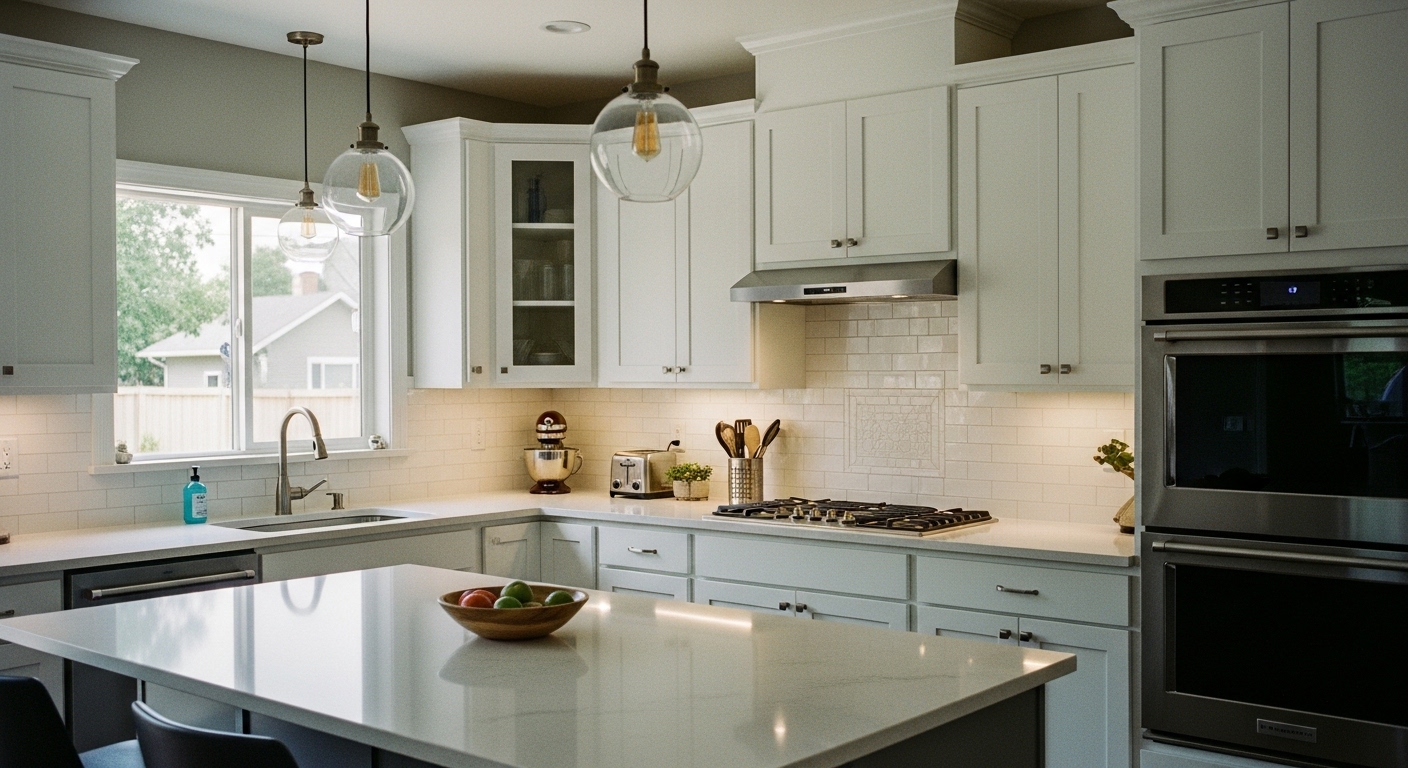 Contemporary ranch house kitchen with modern stovetop, sleek countertops, and white cabinetry featuring budget-friendly upgrades