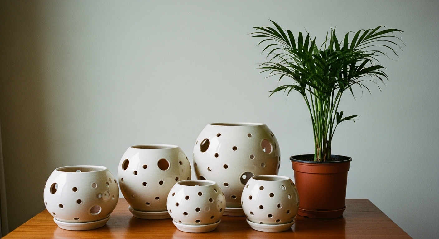 
Selection of pots with drainage holes ready for planting a majesty palm

