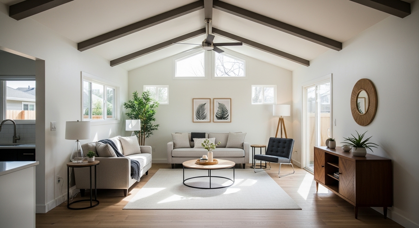 Spacious ranch home interior with vaulted ceilings, modern lighting, and open-concept layout