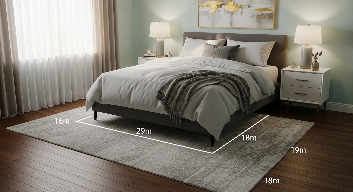 Spacious bedroom with area rug extending beyond the sides of the bed for added comfort and visual balance.

