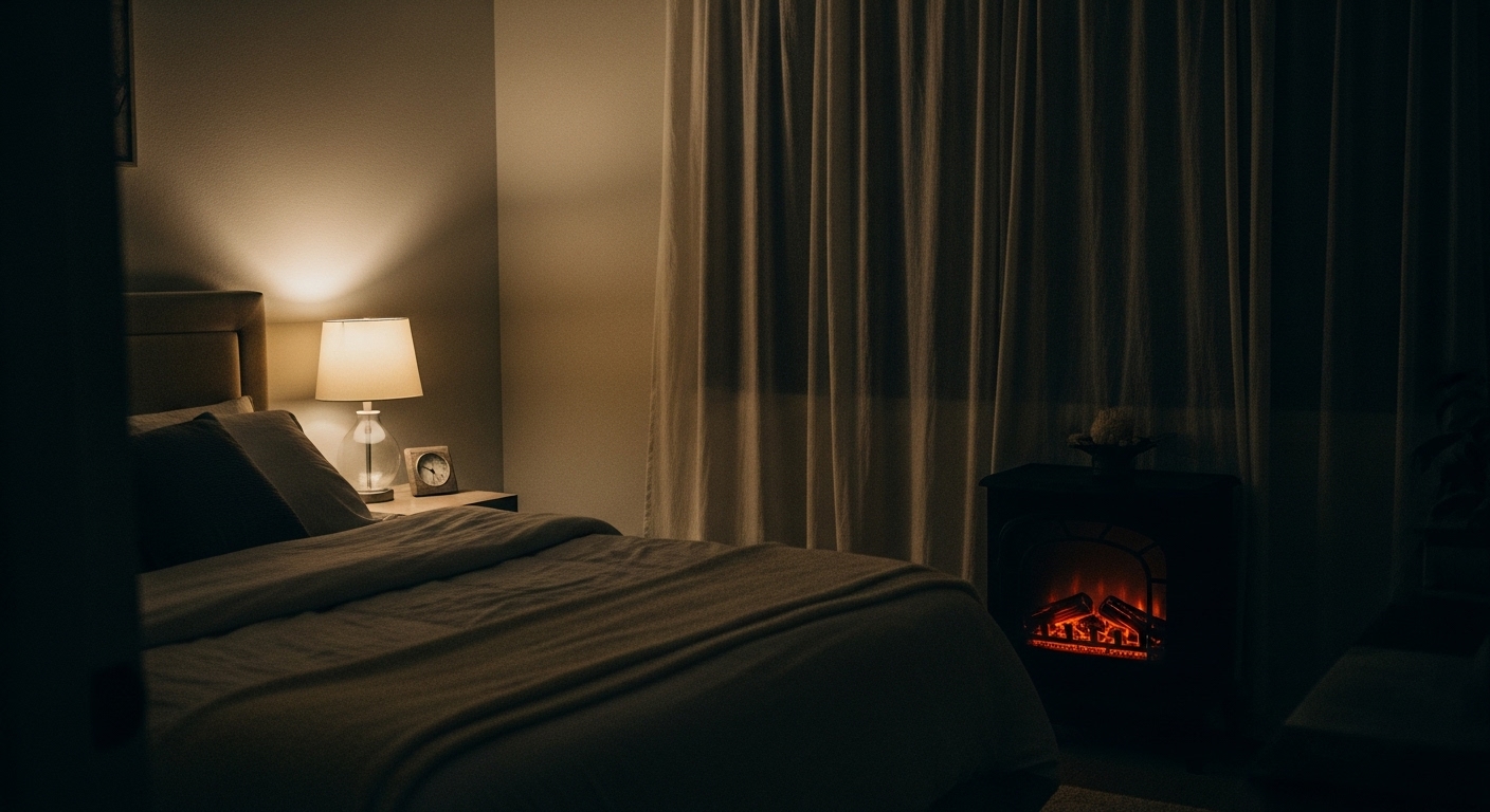 Elegant master bedroom with soft lighting, warm tones, and an electric fireplace, creating a cozy and romantic atmosphere.