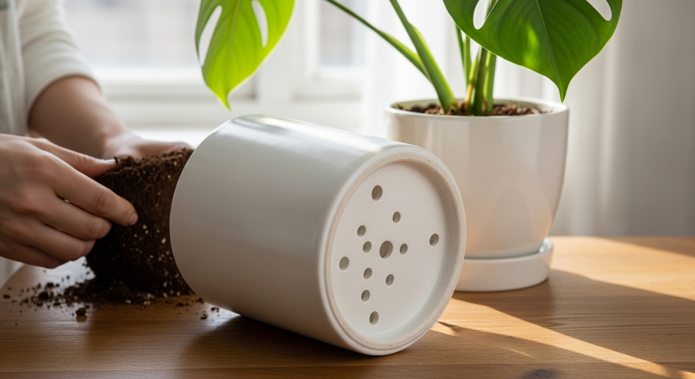 Ceramic pot with proper drainage holes used for planting a healthy Monstera to prevent water retention.