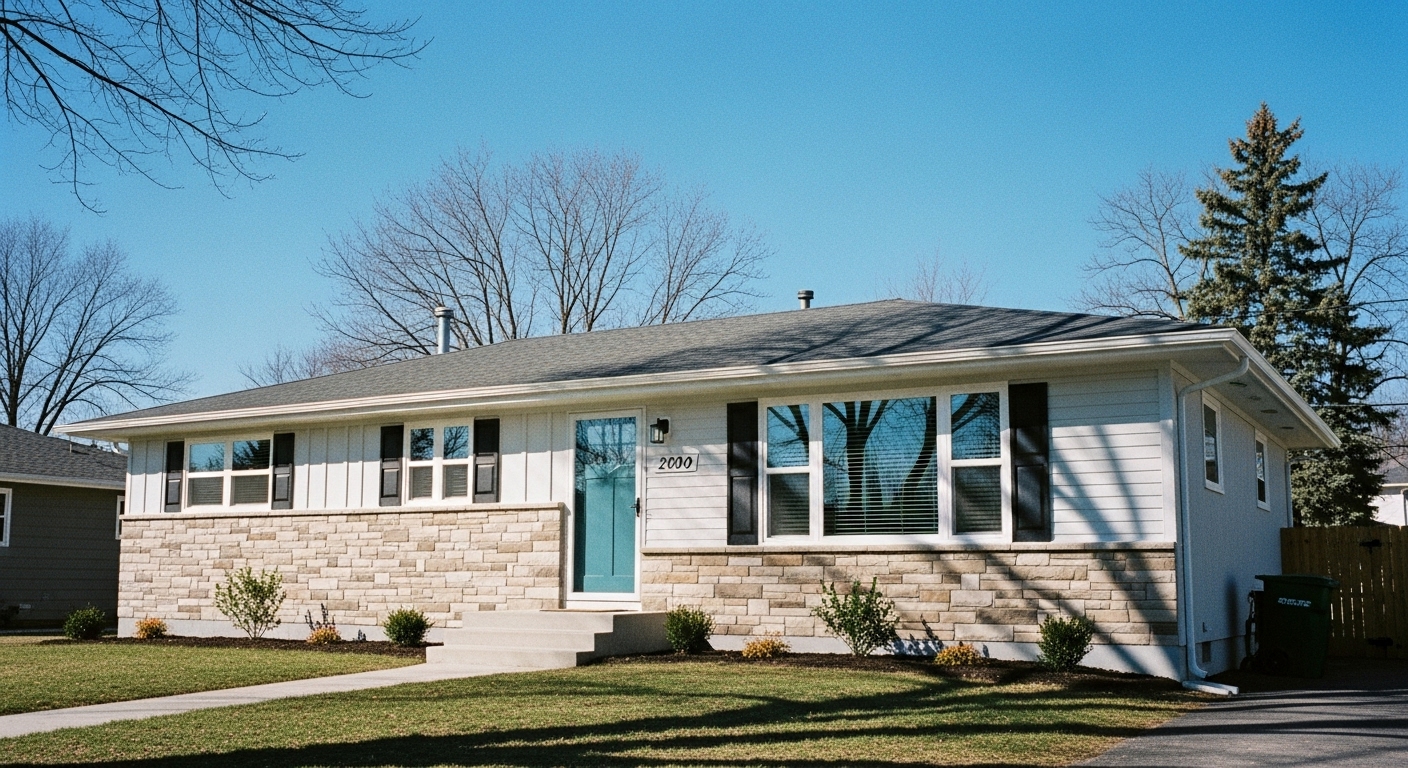 Ranch-style home exterior remodeled with modern paint colors, stone veneer, and updated siding for better curb appeal