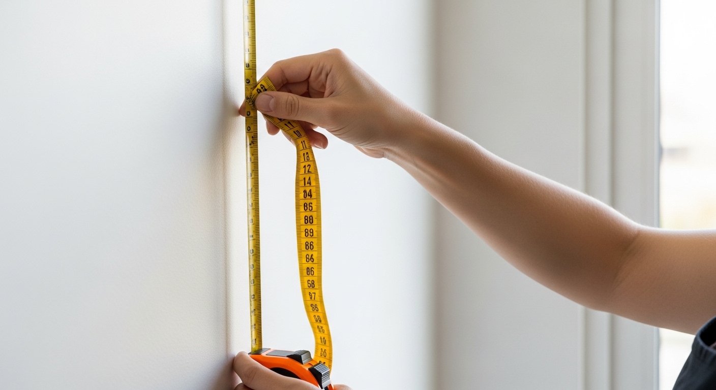  Close-up of hands holding measuring tape against wall for Murphy bed fitting