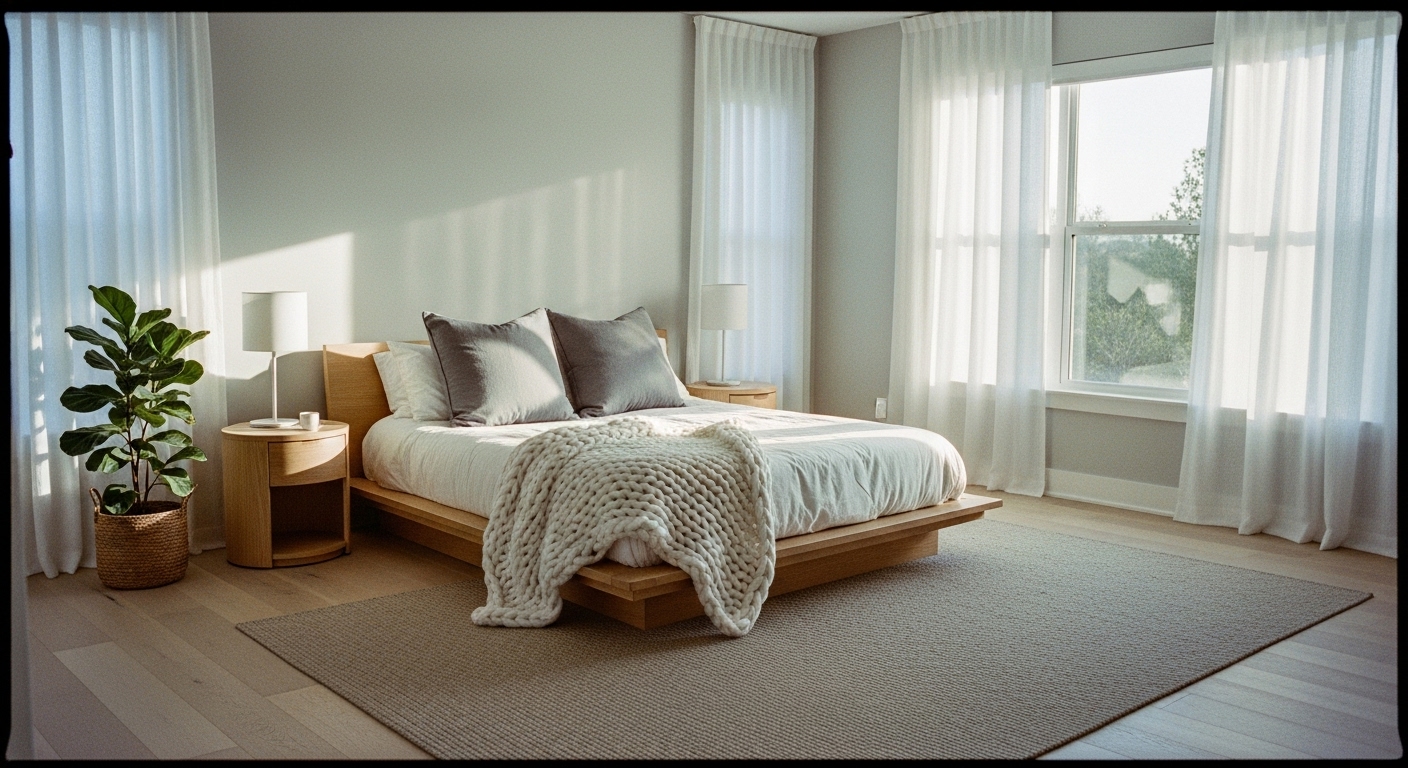 Modern soft gray bedroom with natural light and minimalist decor for a peaceful and cozy ambiance.