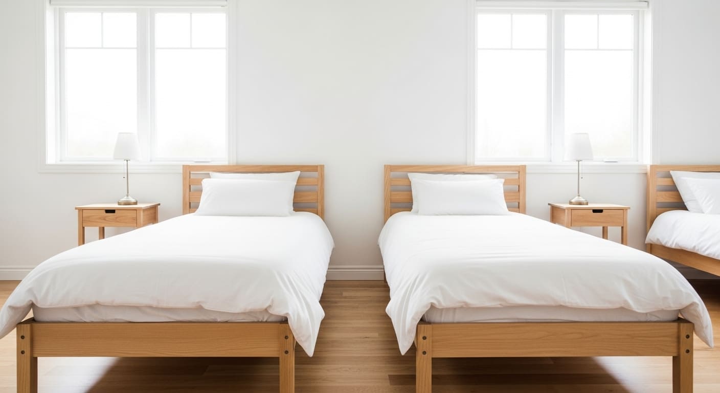Minimalist twin bedroom with white walls, simple furnishings, and clutter-free interior for a peaceful and refreshing atmosphere.