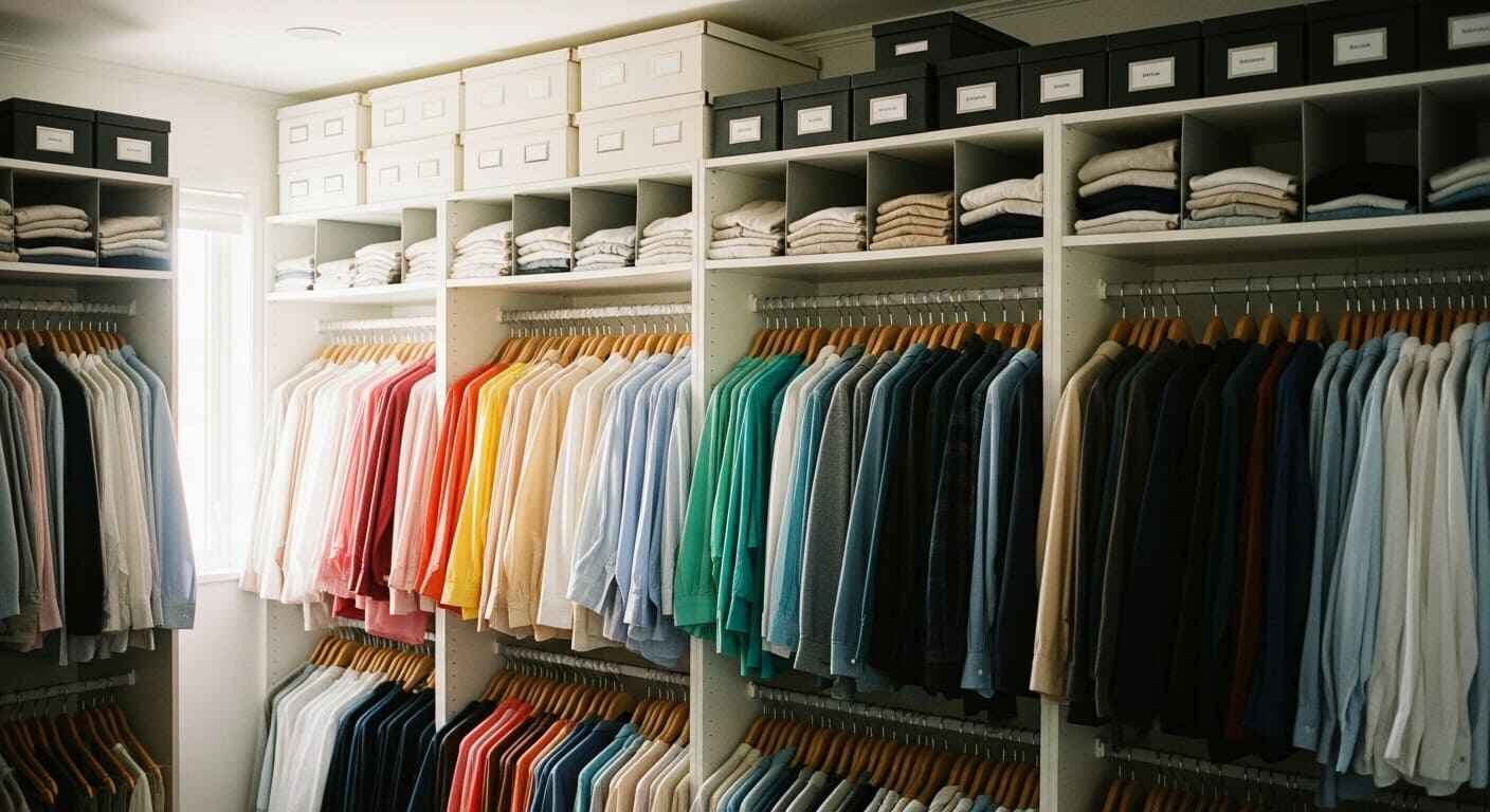 Organized closet with sorted clothes by color, matching hangers, labeled storage boxes, and shelf dividers.