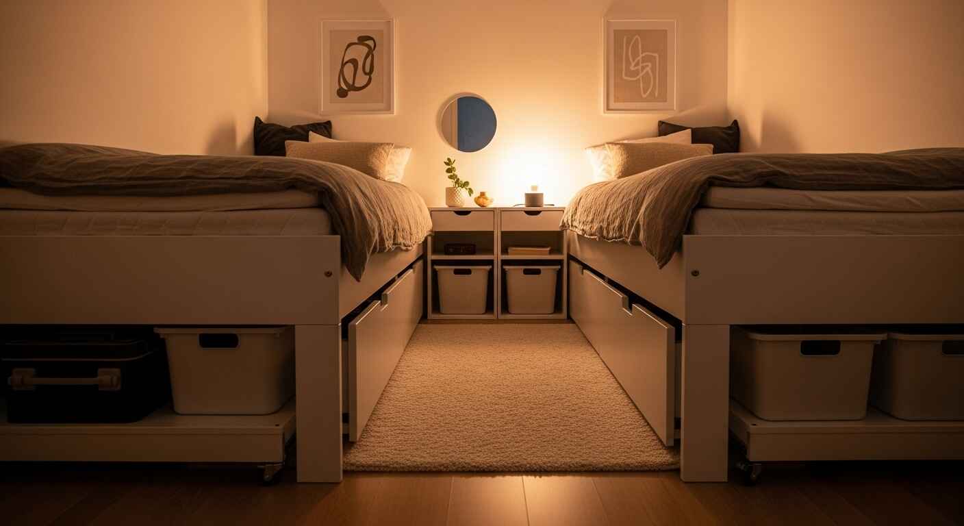Modern small bedroom with twin beds featuring under-bed drawers and rolling storage containers for maximizing space.