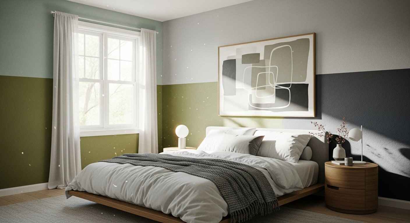A stylish bedroom with sage green, light gray, olive green, and charcoal gray walls, creating a modern and cozy comfort room ambiance.
