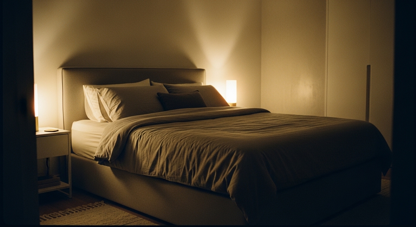 Neutral bedroom softly lit by warm-toned bulbs and a dimmer, creating a cozy, welcoming atmosphere.