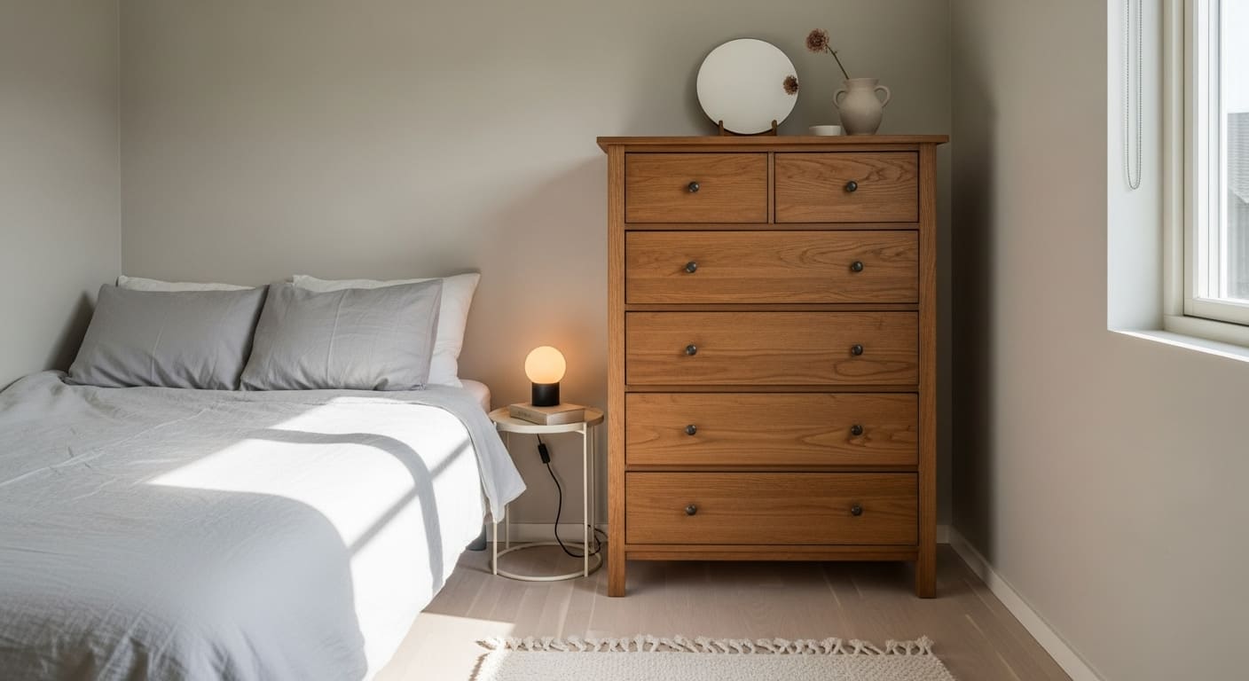 A tall vertical dresser in a compact bedroom, maximizing wall space and storage.