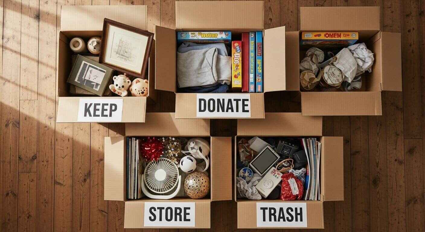 Four boxes labeled keep, donate, store, and trash used to organize a messy bedroom.