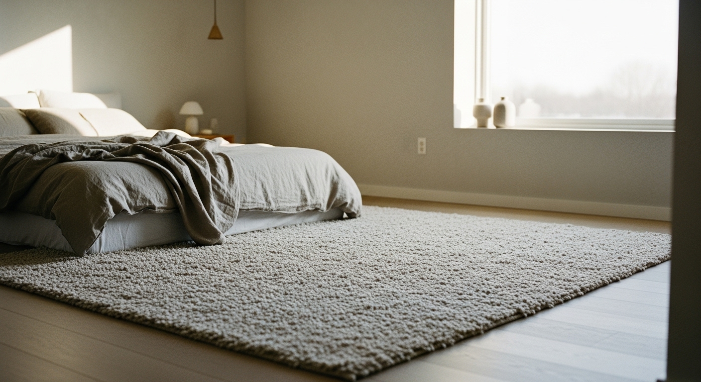 A soft, fluffy rug placed in the center of a neutral-toned bedroom, adding warmth and texture to the space.