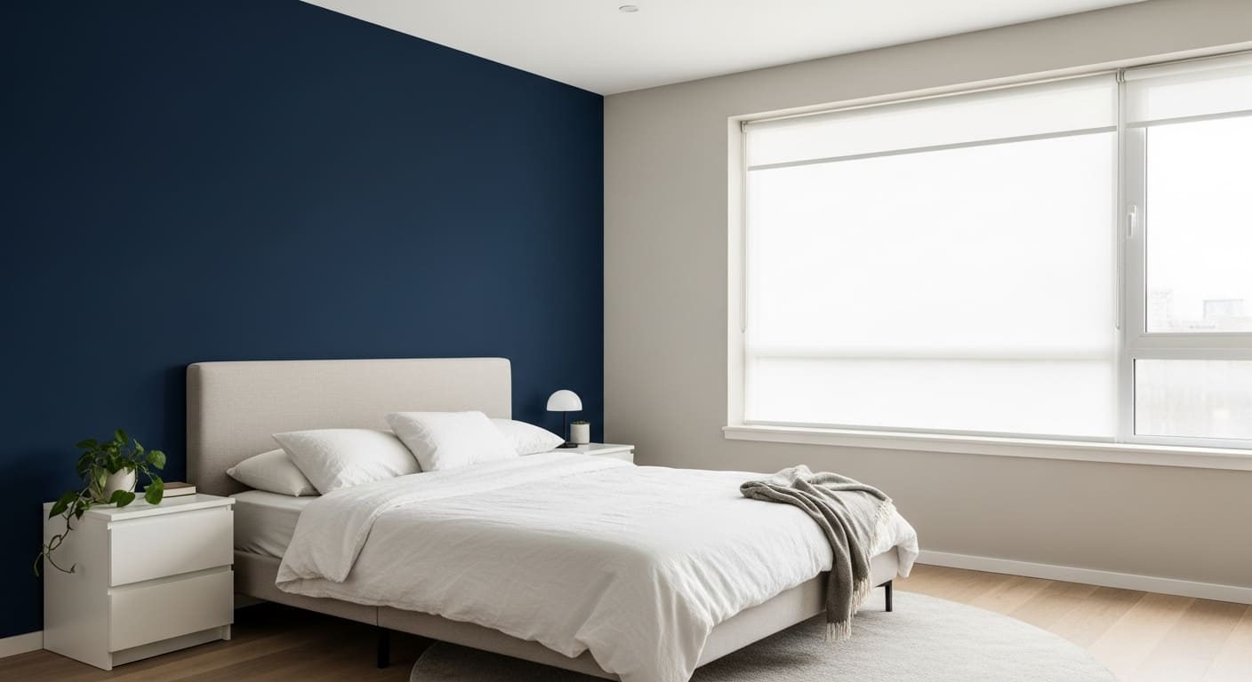 Minimalist bedroom with navy blue side wall, neutral furniture, and clean lines.
