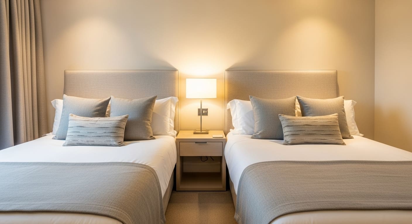 Sophisticated adult twin bedroom with neutral tones and stylish furniture