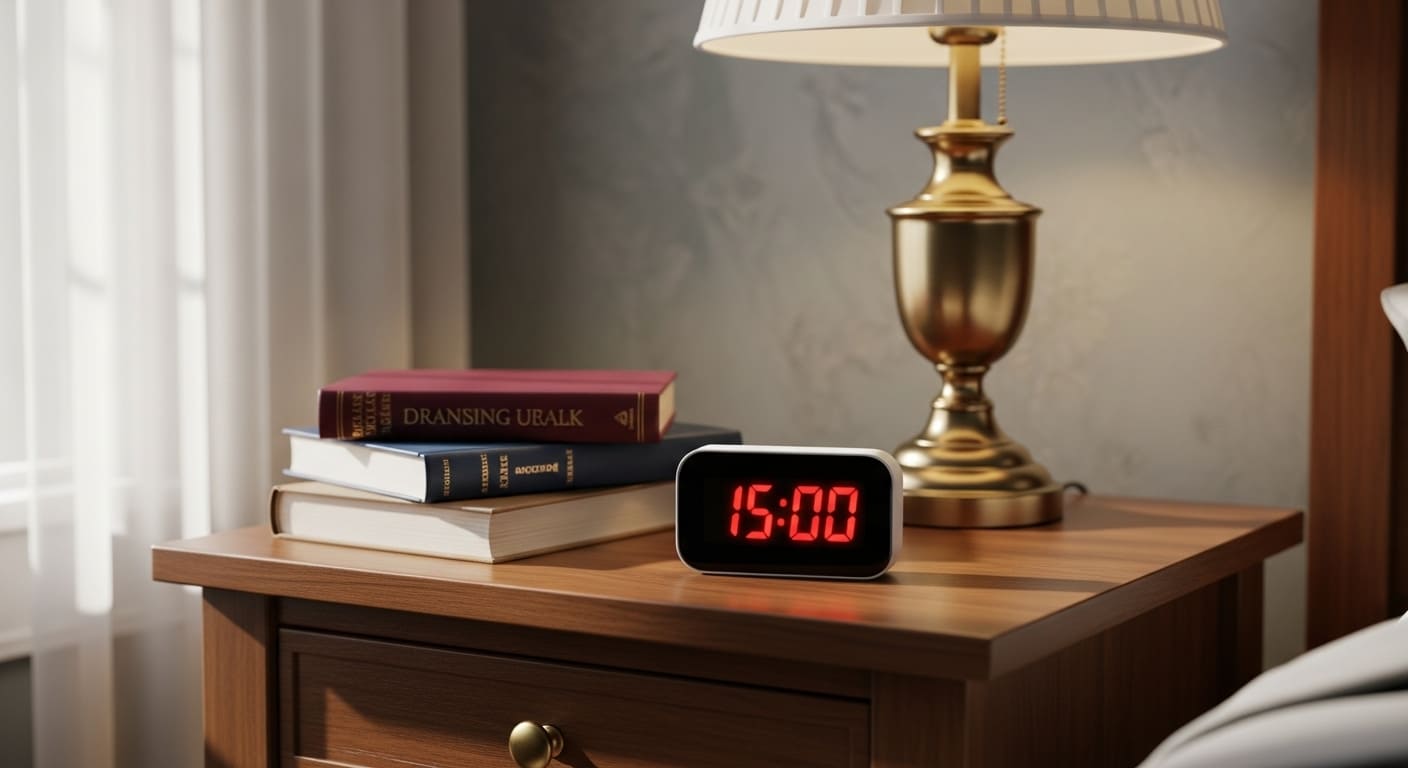 A digital timer placed on a nightstand to track cleaning sessions.