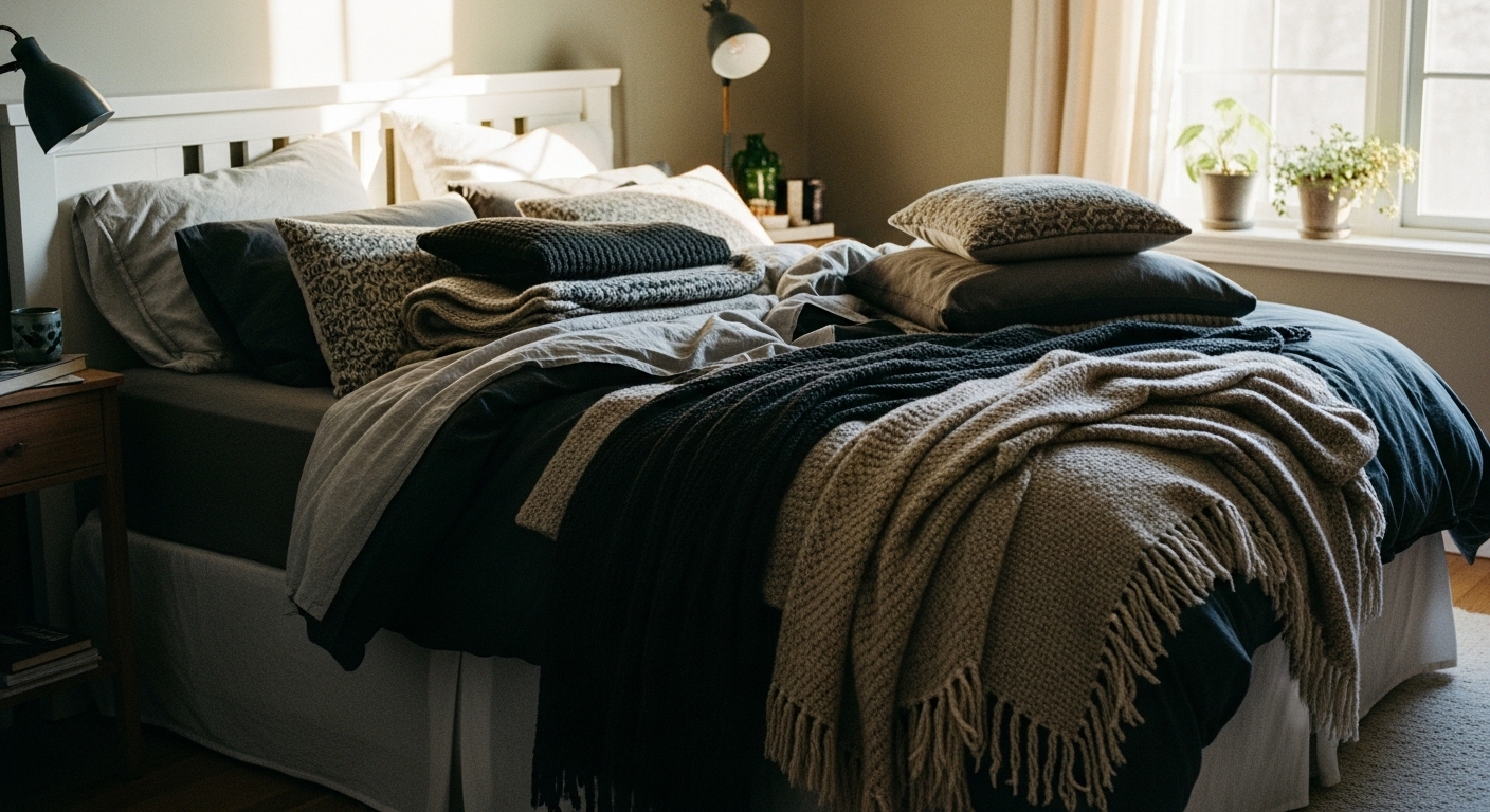 Bed styled with multiple cozy layers of bedding in dark neutrals and earth tones, creating a warm and inviting look.