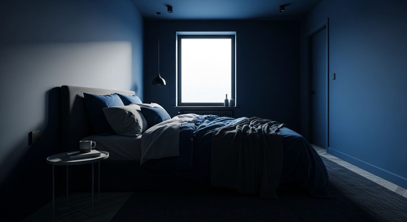 A cozy bedroom with walls painted in deep navy blue, creating an intimate and relaxing atmosphere perfect for sleep.