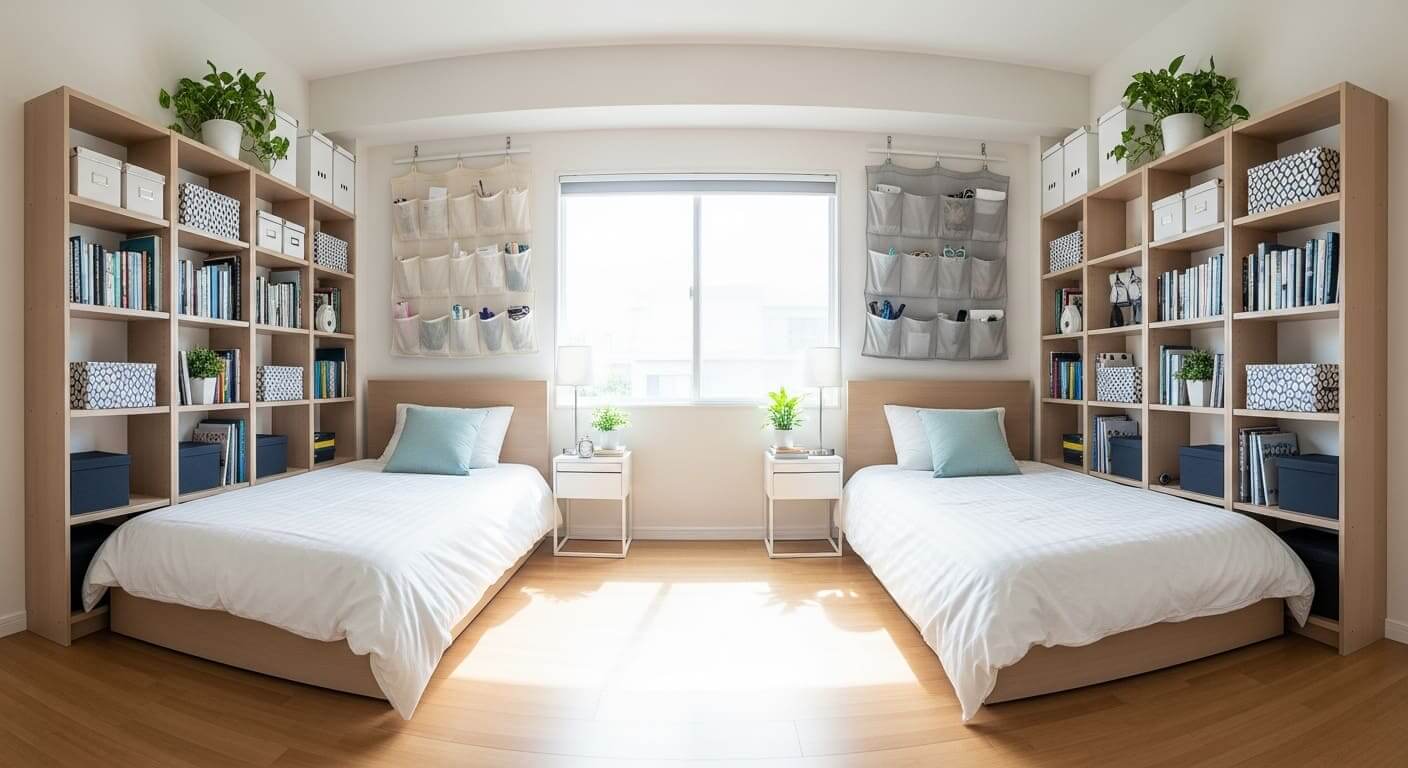 Twin beds with vertical shelves and hanging organizers to save space