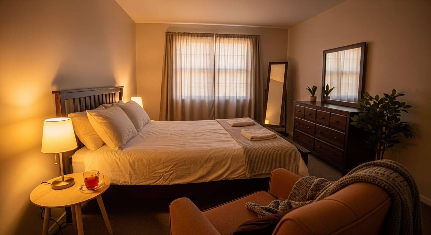 A bedroom showcasing balanced furniture arrangement with the dresser complementing the bed and seating.