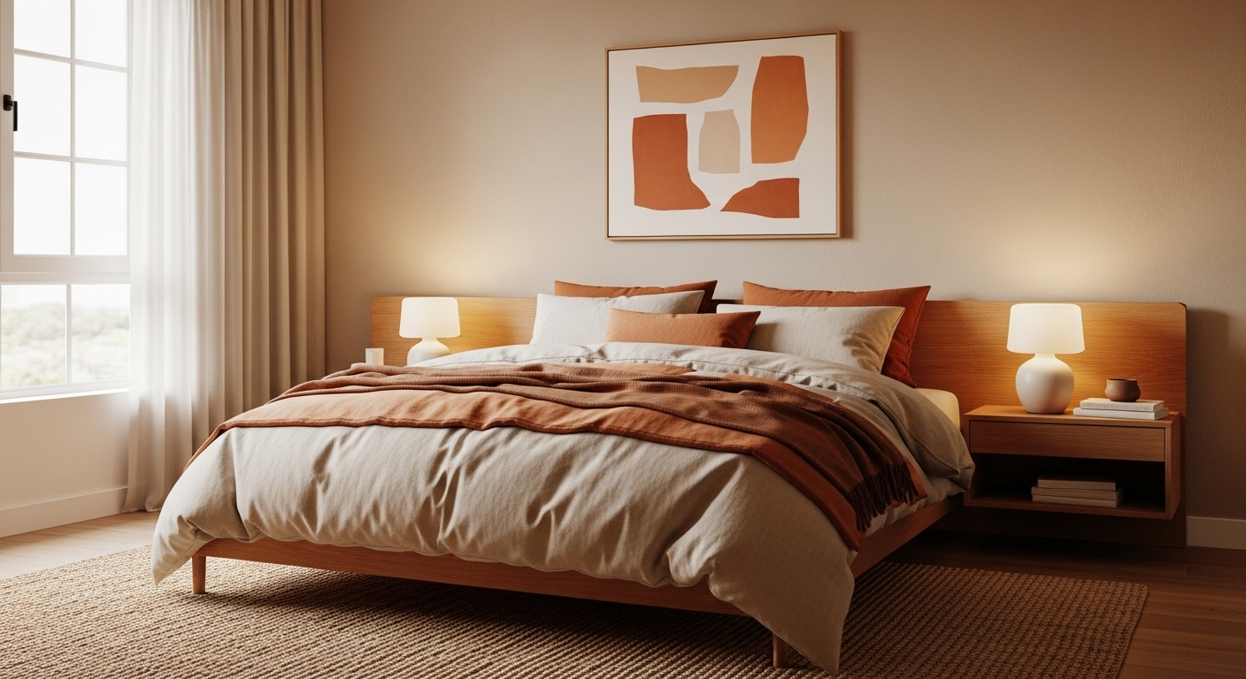A bedroom designed with soft browns, clay tones, and light oranges, creating a naturally comforting and cozy environment.