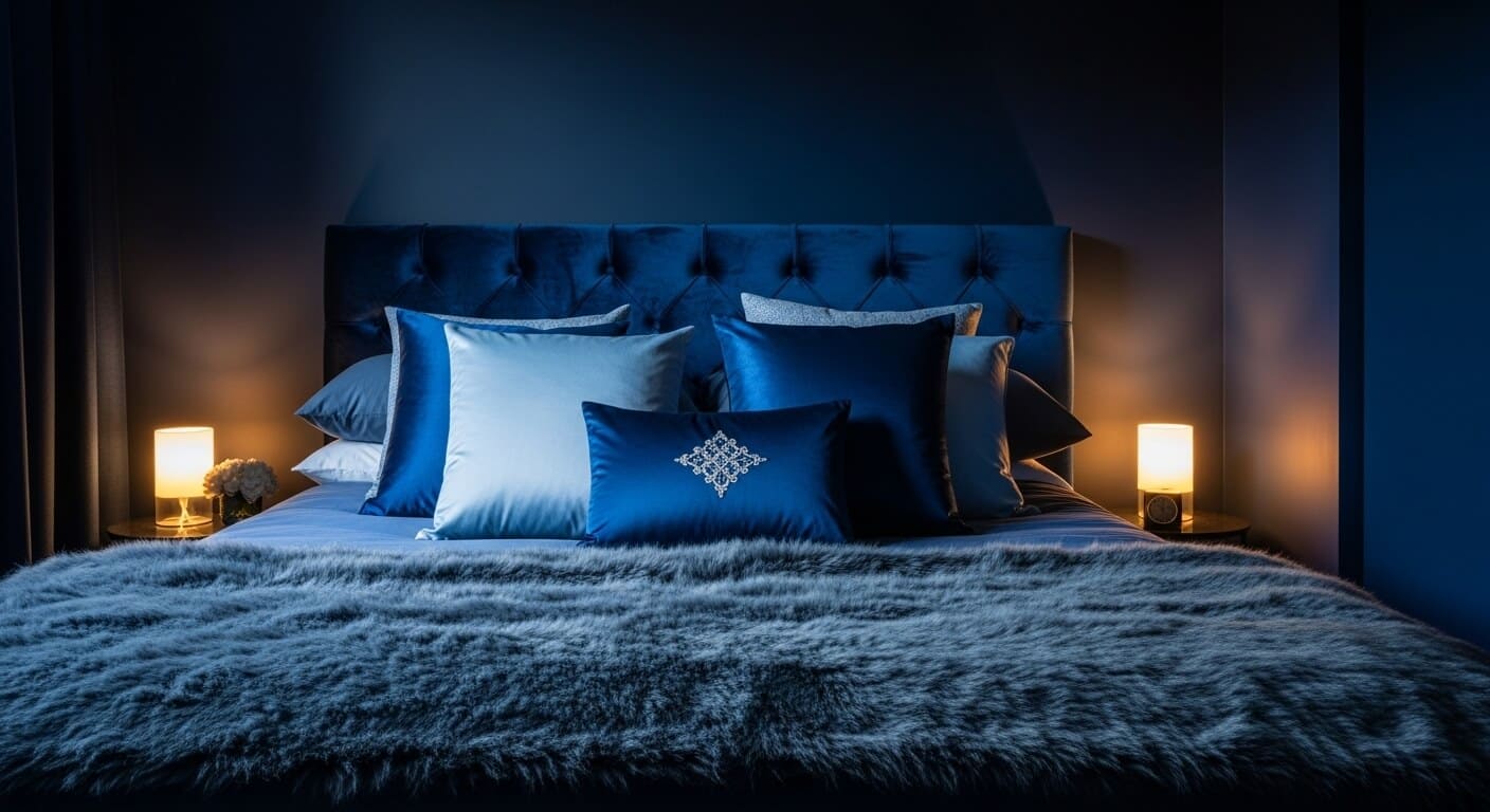 Dark blue bedroom featuring velvet, silk, and furry textures for a layered, luxurious feel.