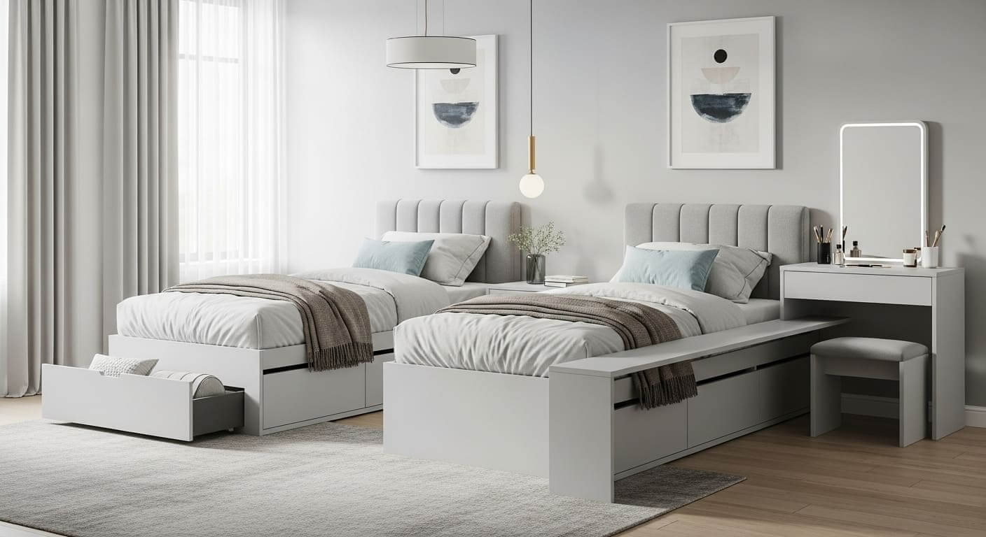 Twin bedroom featuring storage beds with drawers and trundle options for space optimization