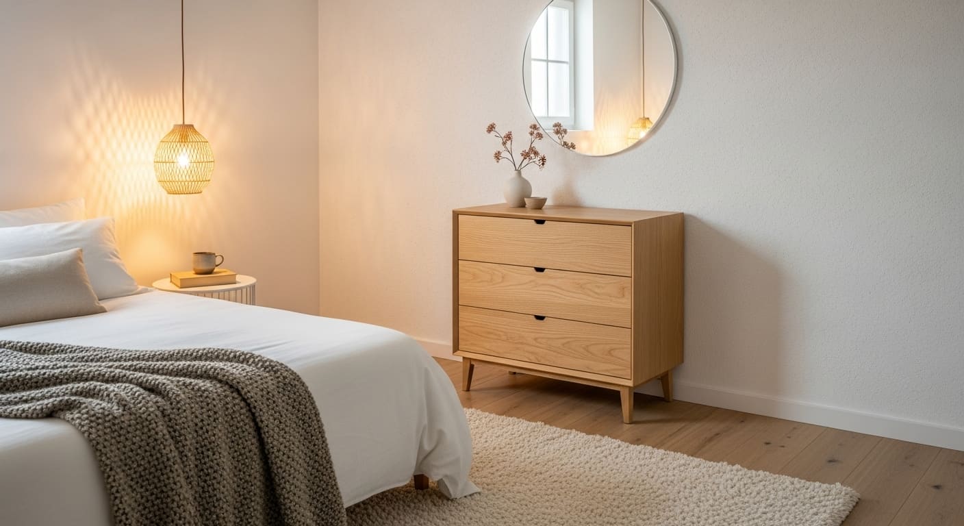 A compact bedroom with a dresser that fits neatly without overcrowding the space.