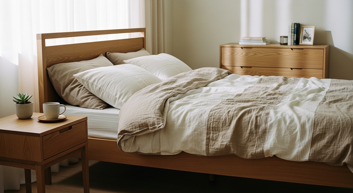 Solid wooden furniture pieces, including bed frames and side tables, placed in a calm neutral-toned bedroom for a natural, grounded feel.