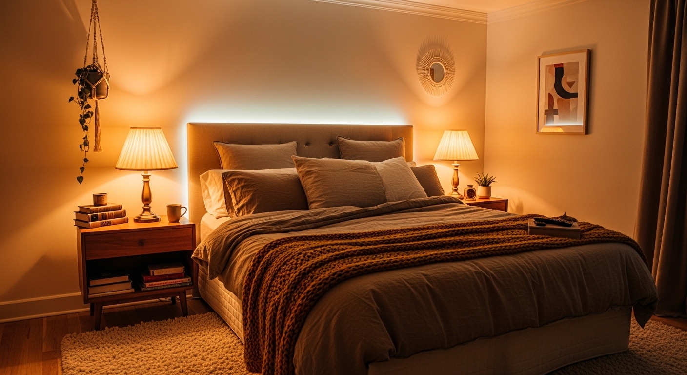 A softly lit neutral bedroom glowing with warm ambient lighting, creating a comforting and intimate atmosphere.