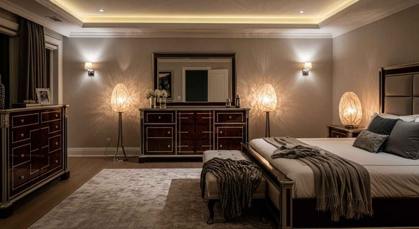 A spacious bedroom with large dresser used as focal point and symmetrical furniture layout.